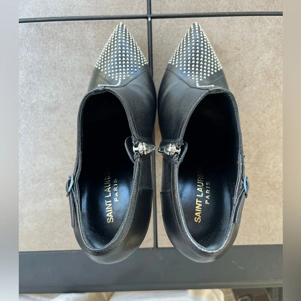 SAINT LAURANT PARIS/YSL LADIES BLACK SILVER STUD PLATFORM HEEL BOOTIES-9M - Picture 15 of 16